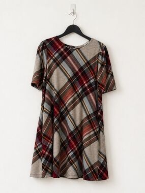 Plaid Swing Dress Burgundy Gray A-Line Tunic Dress Short Sleeve L